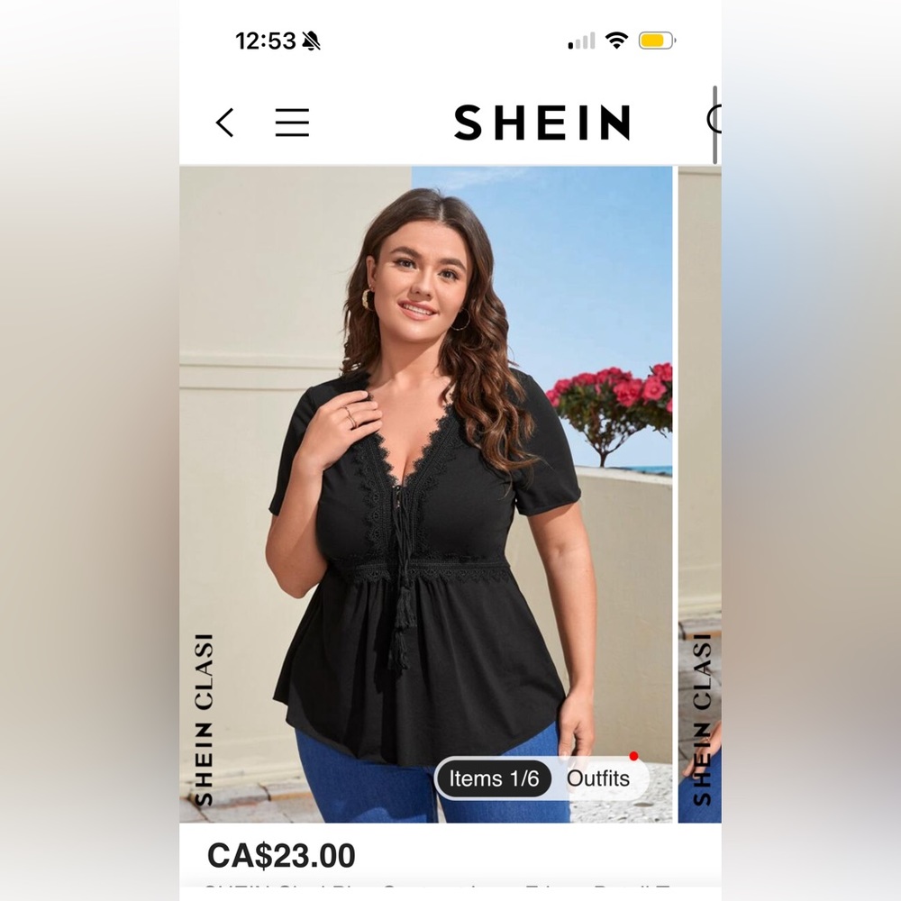 SHEIN Clasi Plus Contrast Lace Fringe Detail Black Top Size 0XL